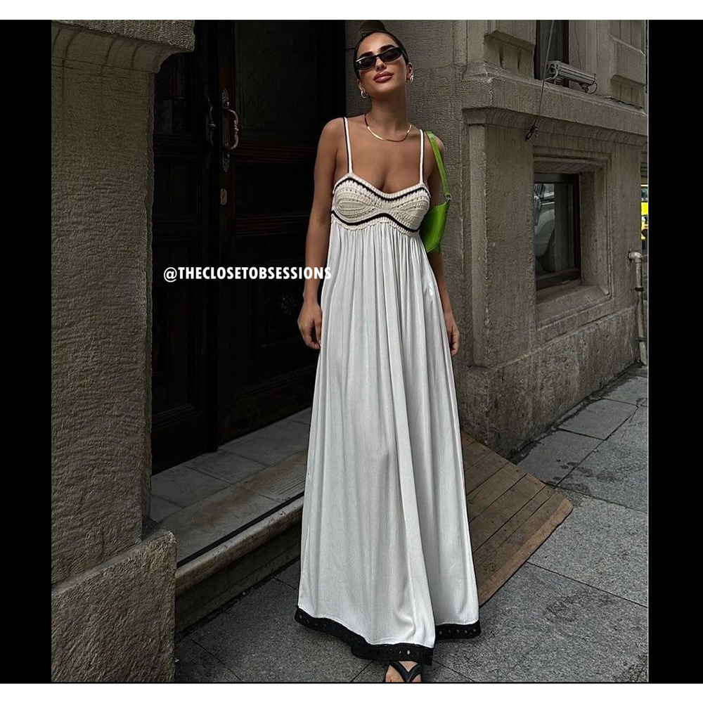 Zara Cream Ecru Maxi Dress Contrast Trim Flowy Boho Resort Vacation Size M NWT - Picture 12 of 16